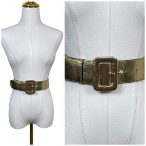 Vintage Metallic Gold Wide Belt Womens 70 Made in Italy Rectangular Buckle Vinyl