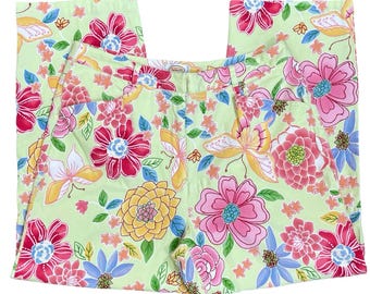 Talbots Pants Floral Butterfly Women 12 Green Pink Stretch Crop Capri Garden