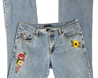 Vintage NY & Co Floral Embroidered Jeans Womens 8 Blue Flare Bootcut Y2K Boho