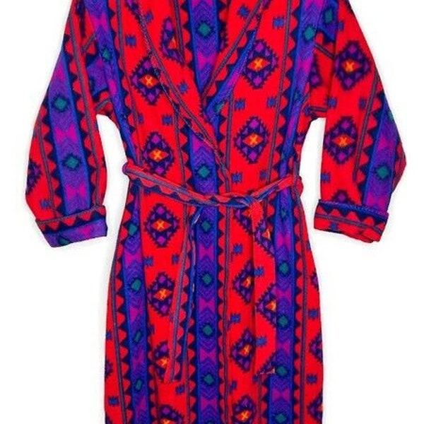 Vtg ADONNA Women's Red Aztec Southwest Long Fleece Thick Robe Sz M