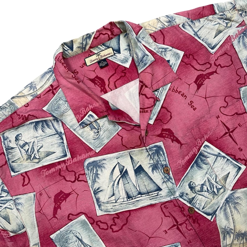 Tommy Bahama heren zijden Hawaiiaans kampshirt XXL tropische kaart zeilboot ansichtkaart rood afbeelding 1