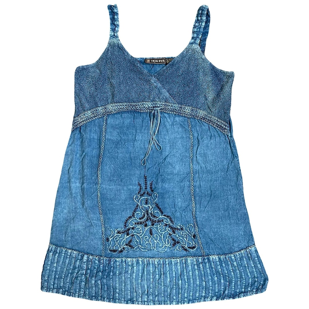 Vintage Raya Sun Blue Cotton Embroidered Dress L Y2K Boho Fairy ...
