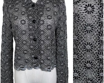 Vintage Miss Dorby Sheer Floral Lace Jacket Women 8 Black Silver Metallic 90s