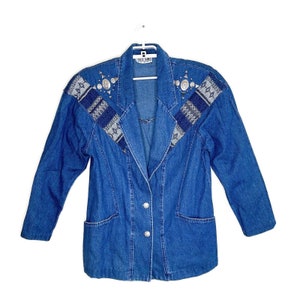 Vtg Women&#39;s Blue Denim Aztec Western Blazer Jacket Rodeo Concho Embroidered - 14