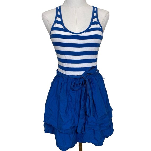 hollister blue striped dress Vintage Mini Womens XS White Nautical Y2K Tie Waist 3/4 sleeve tie back detail Size:US22 1990s Oscar de la