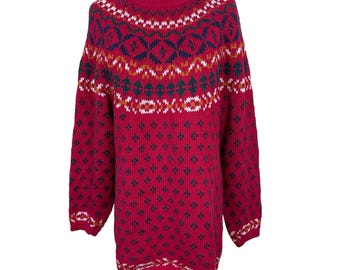 Vintage Ashley Fair Isle Sweater Women L Red Nordic Geometric Knit Ramie Cotton