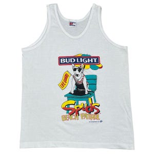 Klasyczny top bez rękawów Bud Light Spuds Mackenzie Beach Patrol z 1987 roku, męski, rozmiar L, surfingowy