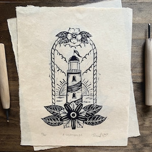 A Lighthouse - Original woodcut print - Hand made