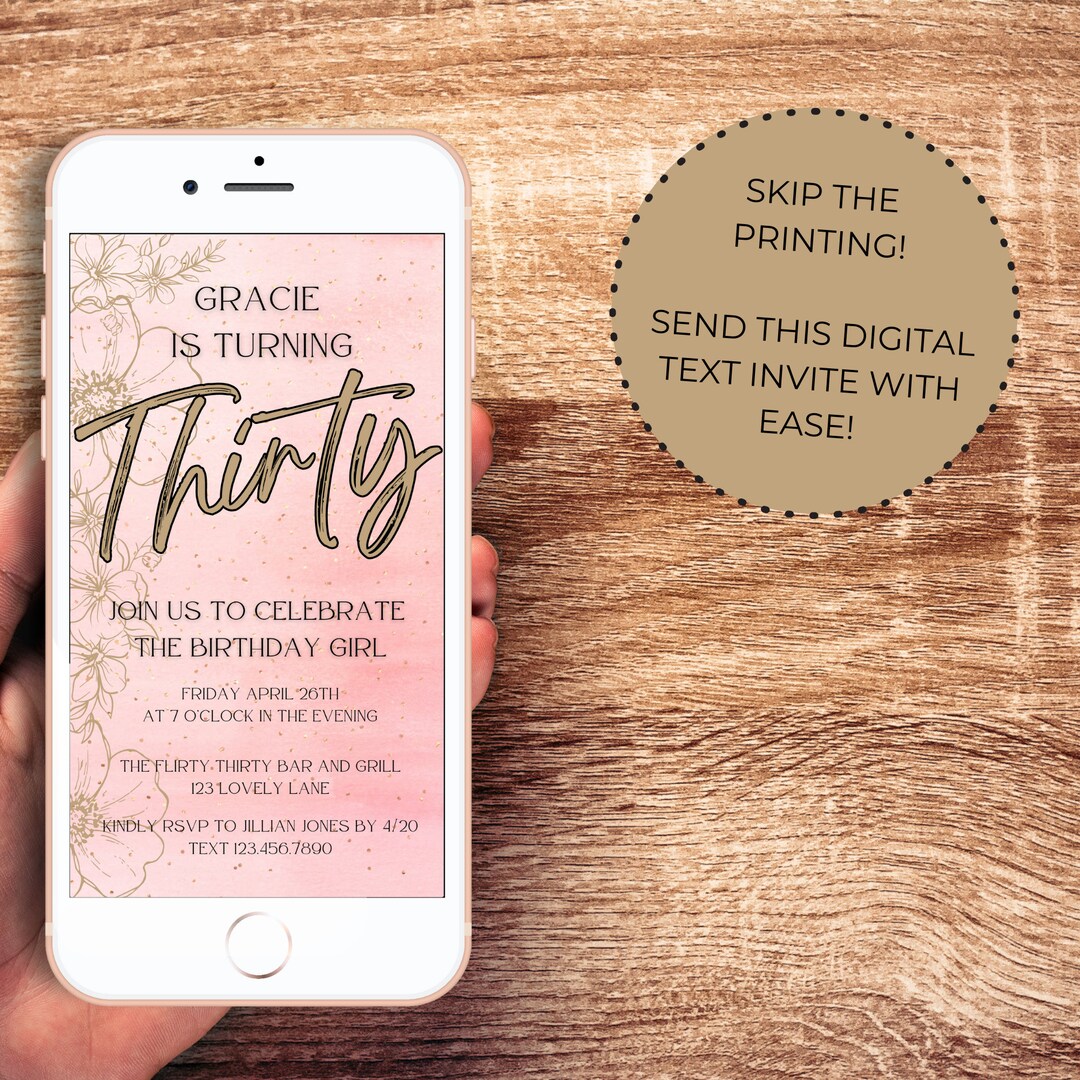 Simple Pink and Gold Floral Sparkle Thirty Birthday Invitation Ombre Girly 30th Party Invite ...