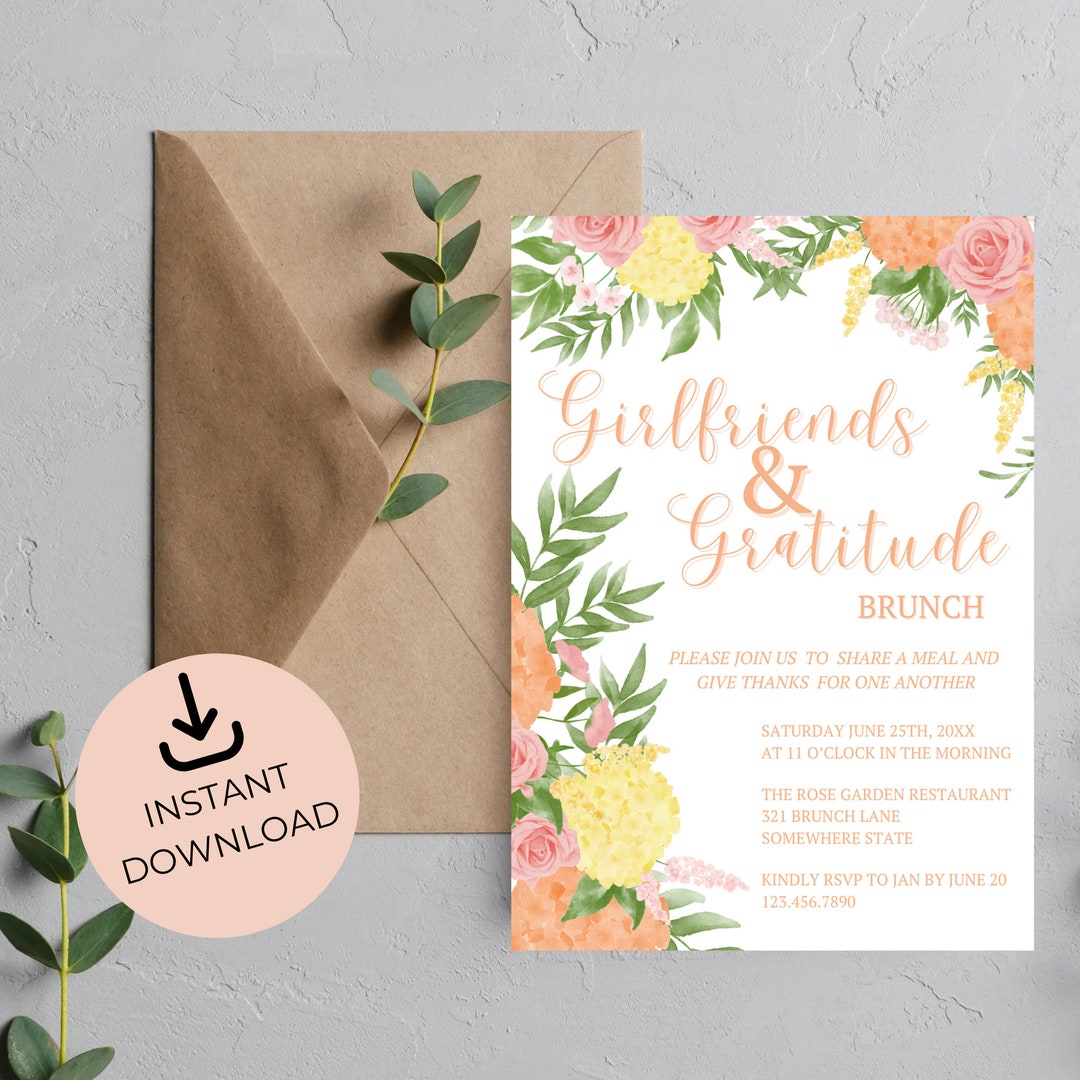 Spring Breakfast Invite Spring Floral Brunch Invitation: Girlfriends & Gratitude, Editable ...