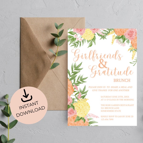 Girlfriends and Gratitude Brunch Invitation | Spring Floral Pastel Brunch Invite | Women's Luncheon | Editable Printable | Instant Download