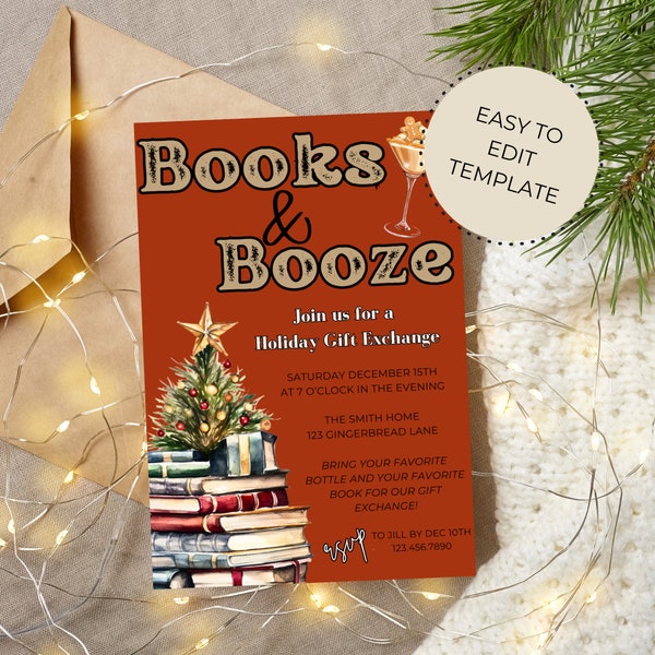 Books and Booze Gift Exchange | Adult Holiday Party Invite | White Elephant Gift Exchange | Adult Christmas Party | Editable