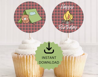Backyard Camping Party | Tent Birthday Party | Camping Cupcake Toppers | Editable Cupcake Toppers | Instant Download | Boy Birthday Party