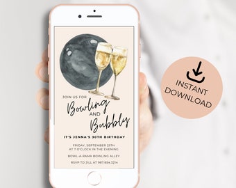 Bowling and Bubbly Invite | Adult Birthday Invite | Girls Night Invite | Bowling Party Invitation | Digital Text Invite | Editable Invite