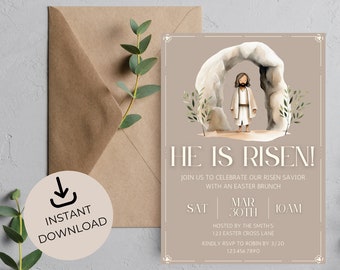 He is Risen Christian Easter Brunch Invite | Jesus Christ is Risen Tomb Easter Sunday Invitation | Editable Printable | Instant Download