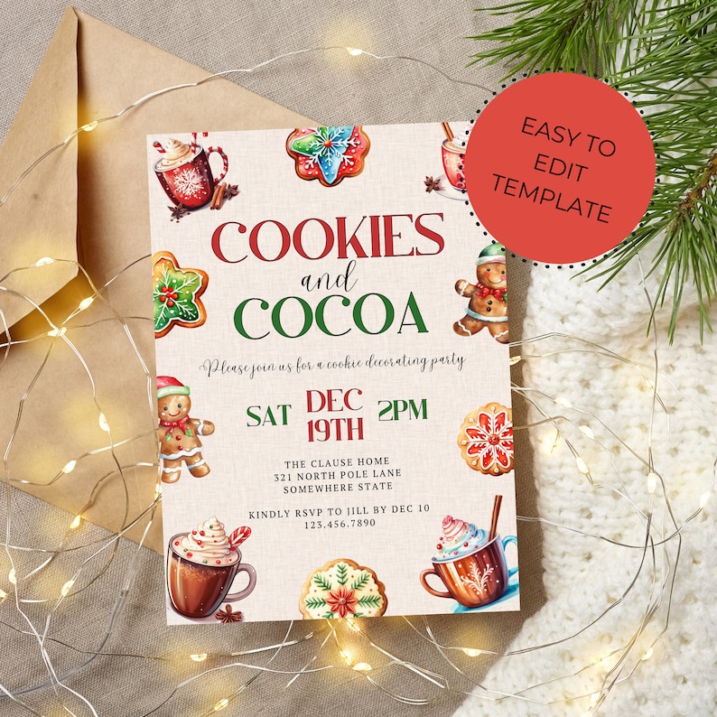 Festive Cookies and Cocoa Christmas Party Invitation Hot Chocolate Red