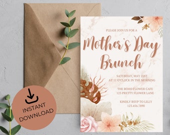 Floral Boho Mother's Day Brunch Invitation | Mothers Day Flowers Breakfast Invite | Mom's Day | Editable Printable | Instant Download