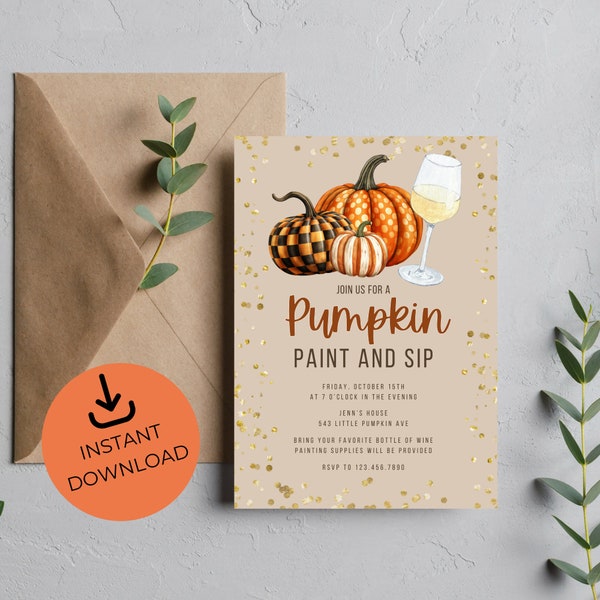 Pumpkin Paint and Sip Invite | Adult Halloween Party Invitation | Editable Invite |Paint and Sip Party | Wine Night Invite | Printable