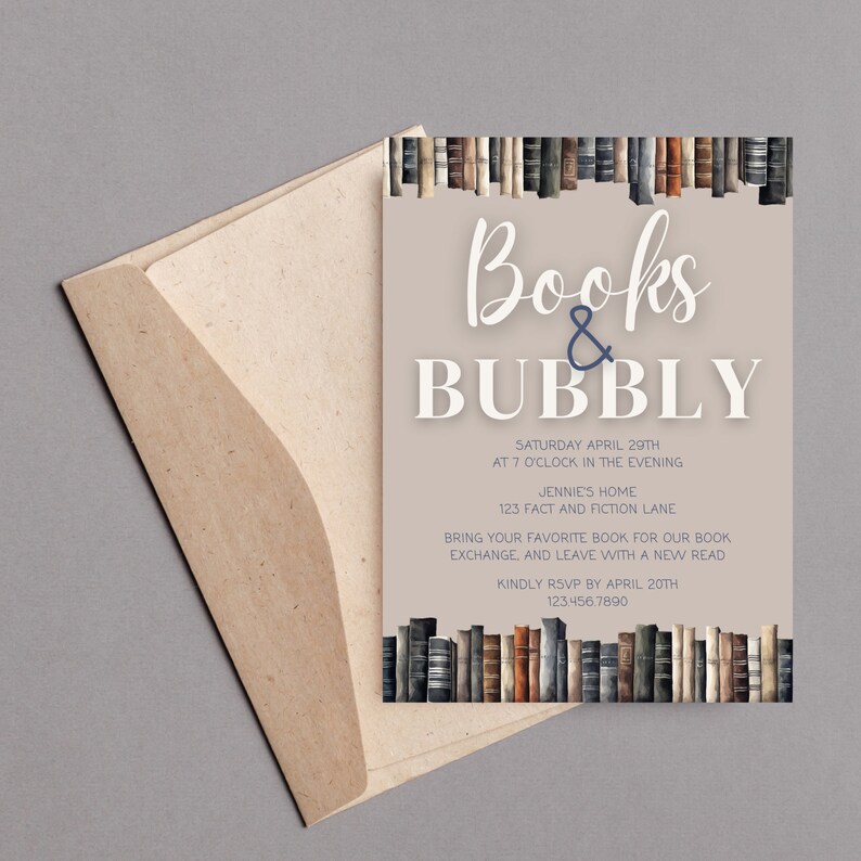 Neutral Books and Bubbly Book Exchange Party Invite Girls Night Book