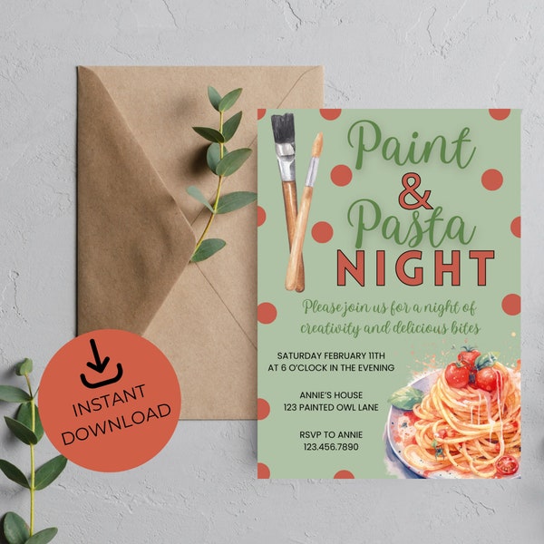 Paint and Pasta Night Invite | Girls Night Invitation | Painting Party | Paint and Sip | Editable Invitation | Instant Download