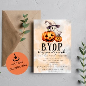 Halloween Pumpkin Carving Party Invite Jack O Lantern Bring Your Own Pumpkin Cute Ghost Orange Black Editable Printable Instant Download