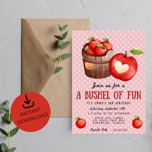 Girly roze polkadot schepel plezier Apple verjaardag uitnodigen rood hart appels mand meisje uitnodiging voor feest bewerkbare afdrukbare Instant Download