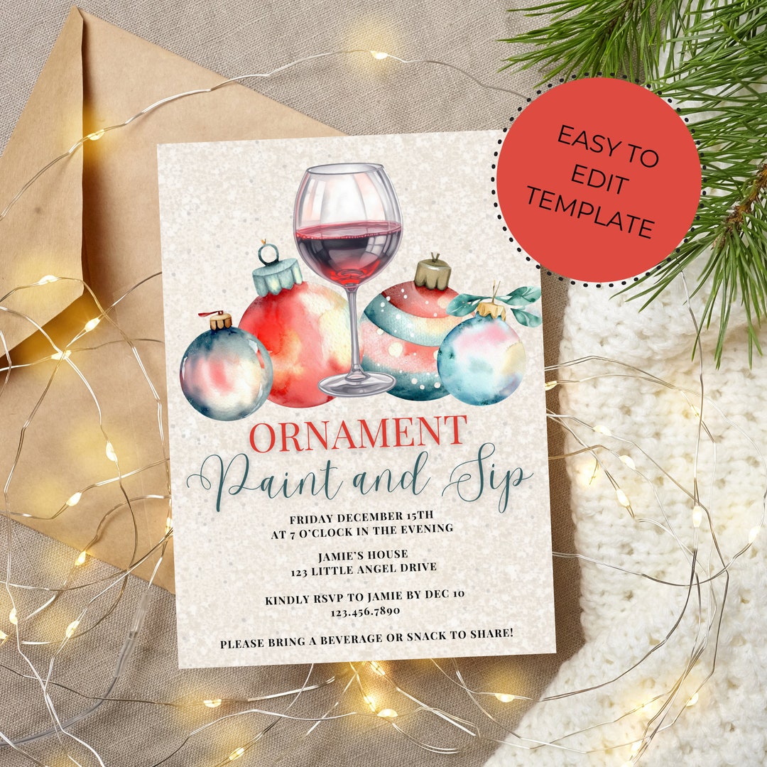 Ornament Paint and Sip Invite Christmas Craft Party Holiday Paint Party