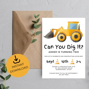 Yellow and Black Can You Dig It Construction Birthday Party Invite Digger Excavator Boy Invitation Editable Printable Instant Download