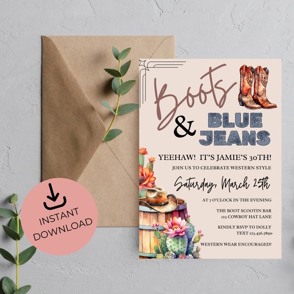 Boots and Blue Jeans Party Invite | Western Theme Birthday Invitation | Cowgirl Cowboy Hat | Editable Invite | Instant Download
