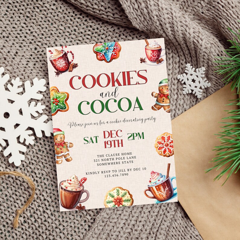 Festive Cookies and Cocoa Christmas Party Invitation Hot Chocolate Red