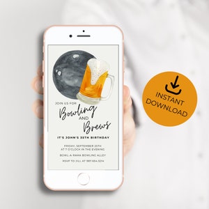 Bowling and Brews Invite Adult Birthday Invitation Beer Bowling Ball Editable Digital Text Invite Bowling Alley Party Instant Download