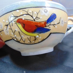 Vtg. Lusterware Cup and Saucer Handpainted Japan Colorful Bird on Flowering Tree