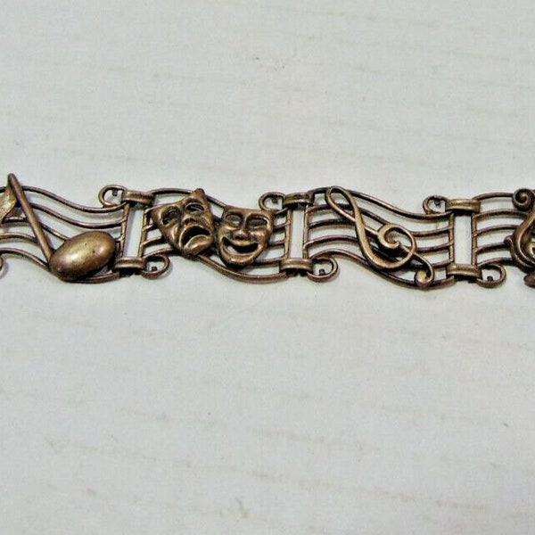 Vtg. Beau Sterling Silver Link Bracelet Musical Theme 7" Staff/Note/Theater/Treb