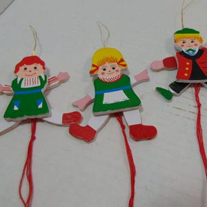 Wooden Pull String Jumping Jack Ornaments 2 Girls 1 Boy  Vintage 3.5&quot; Handpainte