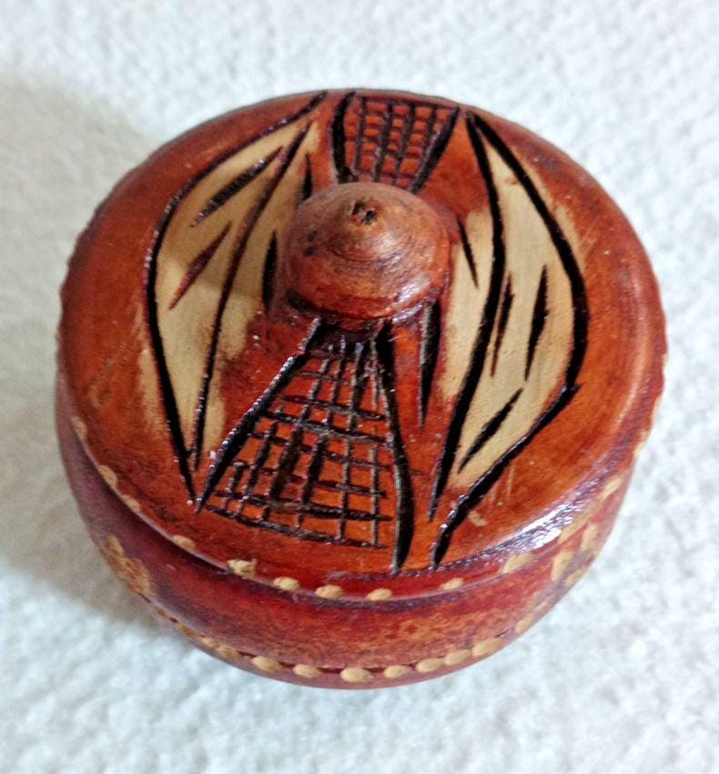 Vintage Round Handcarved Wood Trinket Box with Lid  Turned Carving Corn Design