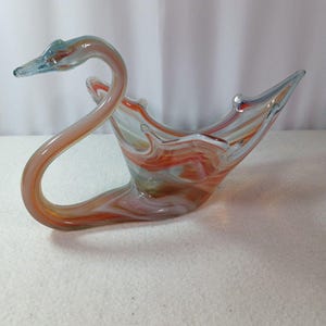 Vtg Hand Blown Glass Swan Dish Orange Blue Swirl 14&quot; Art Table Decor  MCM