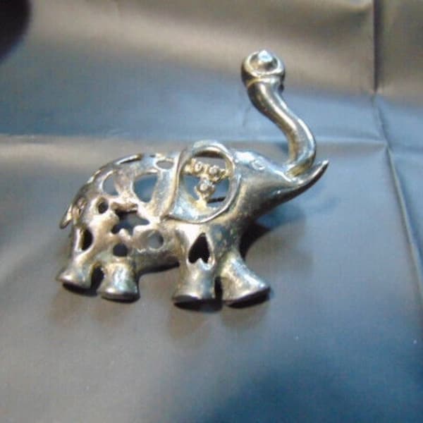 Vintage Pewter Elephant Brooch/Pin w/ Hearts Stars Moon Cutout