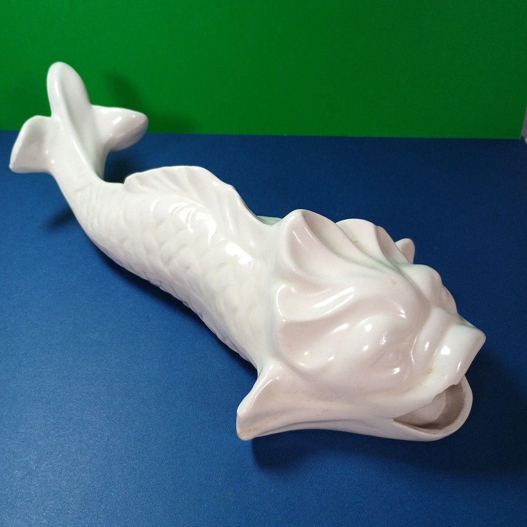 White Ceramic Koi Fish Planter Vase Asian Coastal Decor MCM Style 10 ...