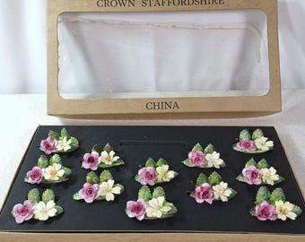 Vintage Royal Crown Derby Tischkartenhalter Bone China Floral Set England