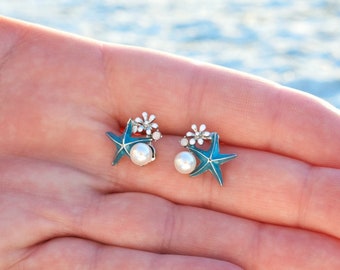 Chic Starfish Pearl Stud Earrings, Casual Jewelry, Coastal Style Accessory, Enamel Starfish Earrings, Ocean Inspired Studs, Beach Pendant