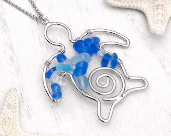 Stacked Sea Glass Sea Turtle Necklace