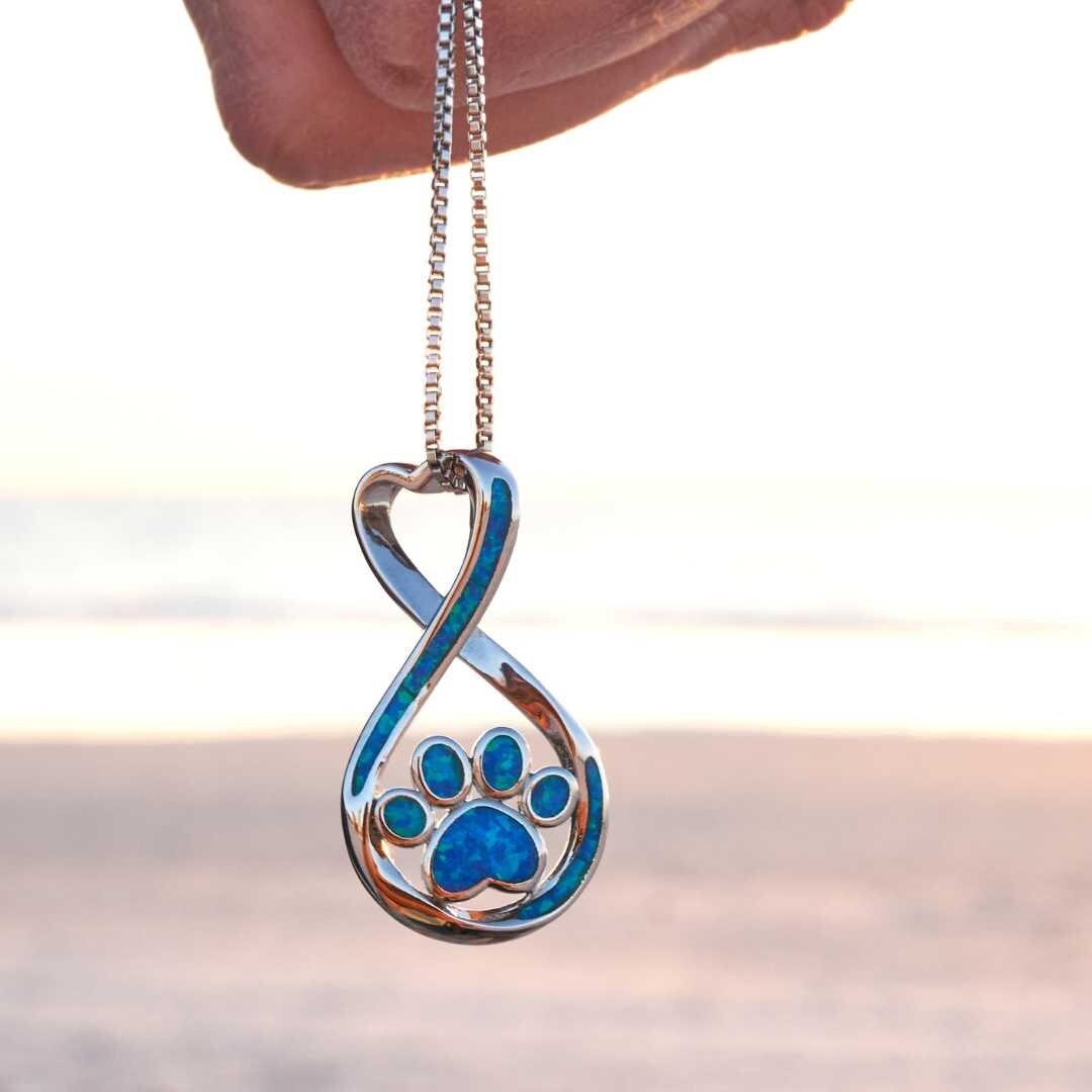 Opal Infinity Love Paw Necklace Pet Lover Jewelry Paw Print Charm