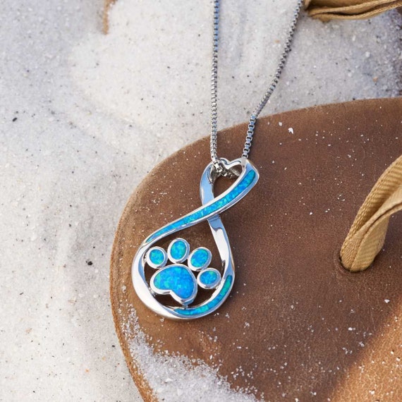 Opal Infinity Love Paw Necklace Pet Lover Jewelry Paw Print Charm