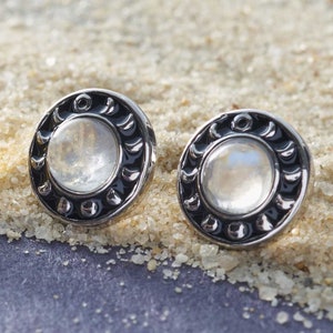 Moonstone Moon Phase Studs - Celestial Beach-Inspired Earrings, Unique Lunar Design, Chic Starry Night Jewelry, Ocean Meets Sky Ear Studs