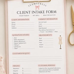 May include: A light pink clipboard holding a printed client intake form for a seamstress. The form features sections for client information, garment details, alterations, measurements, and pricing, decorated with a small pink bow and mannequin icon.