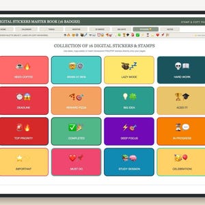 Puede incluir: Una interfaz de libro maestro de pegatinas digitales con una cuadrícula de 16 botones rectangulares de colores. Cada botón contiene un emoji único y una etiqueta de texto como NEED COFFEE, BRAIN AT 89%, LAZY MODE, HARD WORK, DEADLINE, REWARD PIZZA.