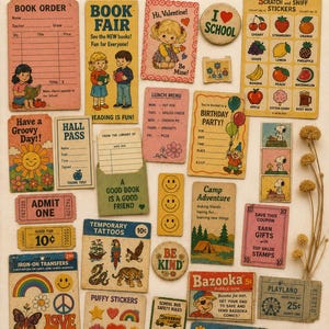 May include: A collection of vintage ephemera from the 1970s, including stickers, coupons, and school-themed items. The items feature colorful illustrations and text, perfect for journaling, scrapbooking, and crafts.