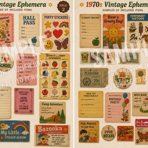 K&ouml;nnte beinhalten: Eine Sammlung von Vintage-Ephemera aus den 1970er Jahren, darunter Aufkleber, Tickets und Karten. Die Artikel zeigen farbenfrohe Illustrationen und Texte wie "Book Fair", "Hall Pass" und "Peanuts Gang". Das Gesamtthema ist nostalgisch und retro.