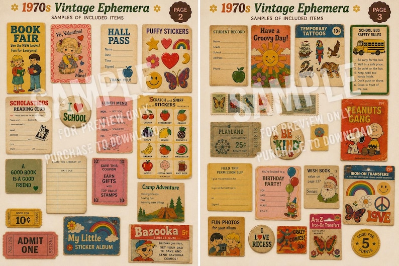 K&ouml;nnte beinhalten: Eine Sammlung von Vintage-Ephemera aus den 1970er Jahren, darunter Aufkleber, Tickets und Karten. Die Artikel zeigen farbenfrohe Illustrationen und Texte wie "Book Fair", "Hall Pass" und "Peanuts Gang". Das Gesamtthema ist nostalgisch und retro.