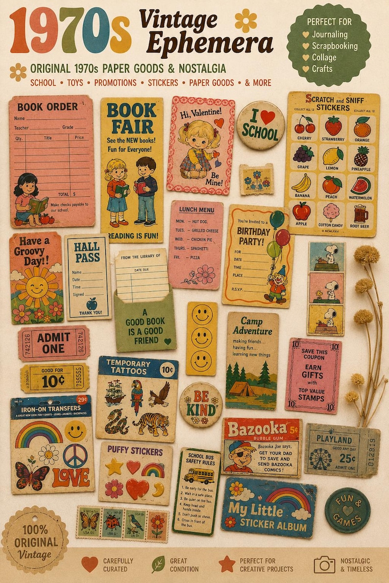 May include: A collection of vintage ephemera from the 1970s, including stickers, coupons, and school-themed items. The items feature colorful illustrations and text, perfect for journaling, scrapbooking, and crafts.